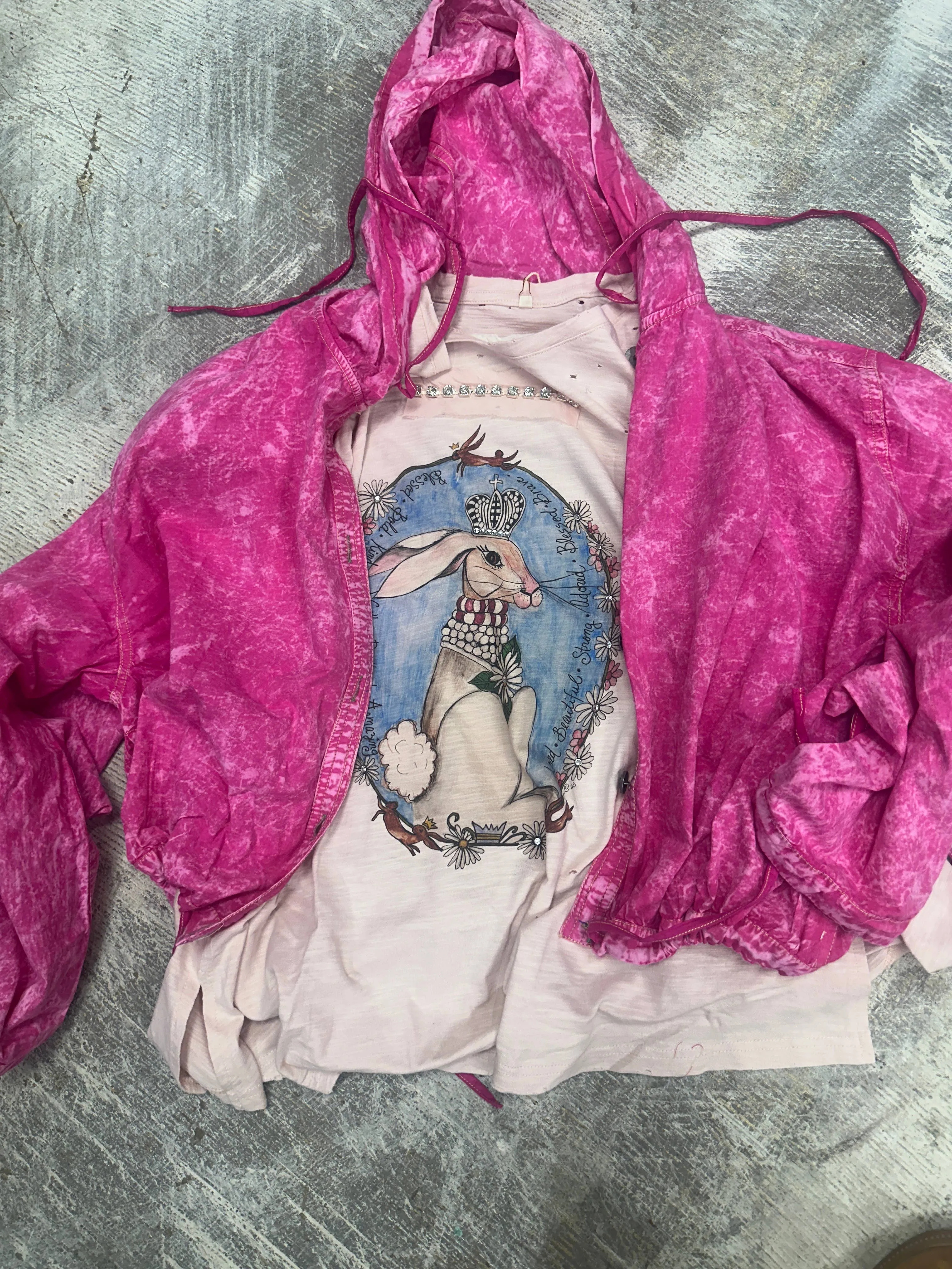 Pink Kindness Bunny 3/4 Sleeve Distressed Rare Bird Shirt