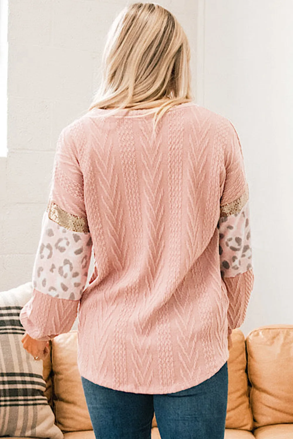 Pink Leopard Sequin Splicing Sleeves Textured Knit Top