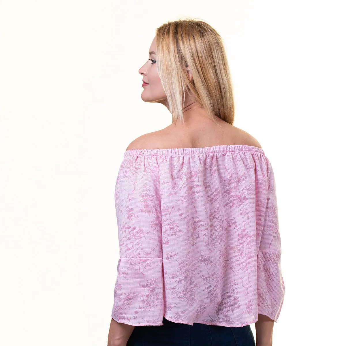 Pink Long Sleeve Off the Shoulder Blouse for Women - Going Out Textured Tops for Ladies