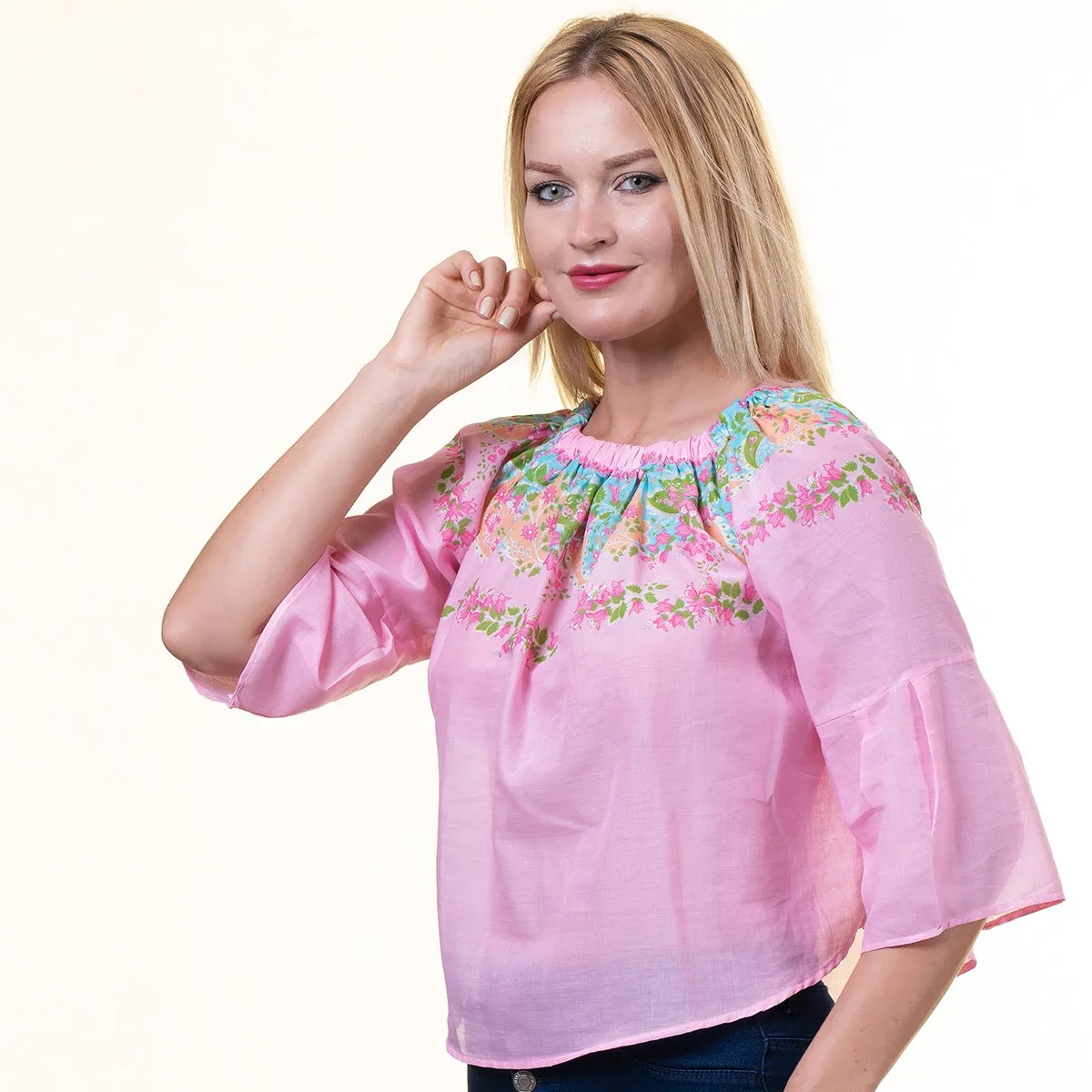 Pink Multicolor Long Sleeve Off the Shoulder Blouse for Women - Going Out Floral Tops for Ladies