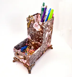 Pink Roses & Stems Big Flowers Desktop Organizer for Pens and Clips w/Antique Key Accent