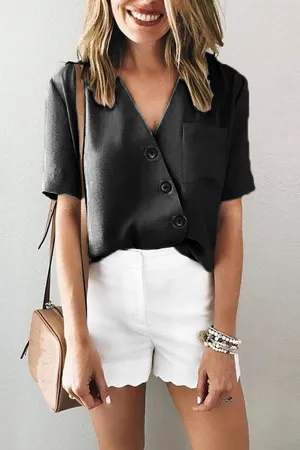 Plain V-neck Button Up Pocket Patched Blouse