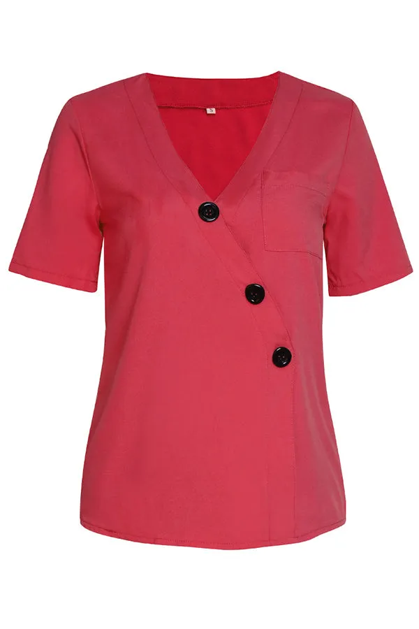 Plain V-neck Button Up Pocket Patched Blouse