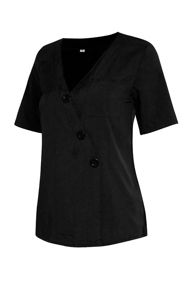 Plain V-neck Button Up Pocket Patched Blouse