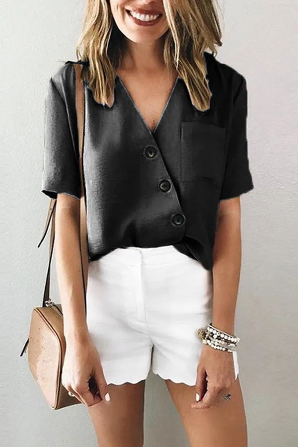 Plain V-neck Button Up Pocket Patched Blouse