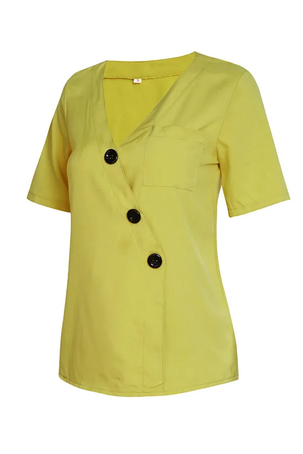 Plain V-neck Button Up Pocket Patched Blouse