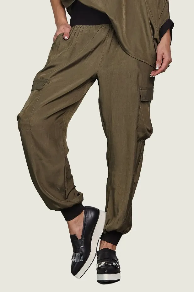 PLANET By Lauren G - Silky Cargo Pants - Army