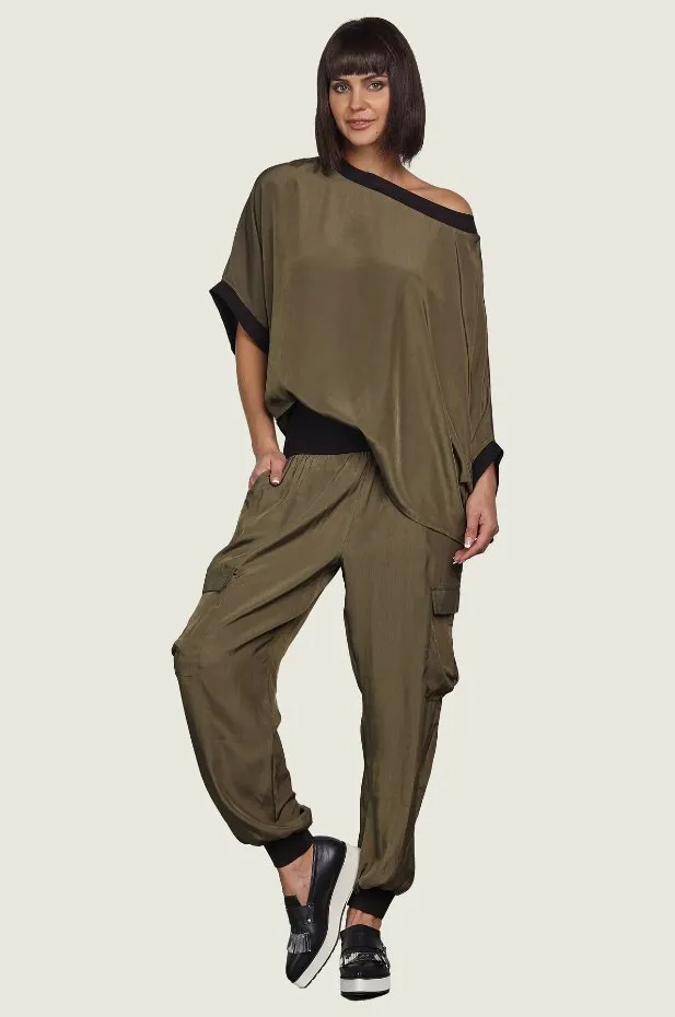 PLANET By Lauren G - Silky Cargo Pants - Army