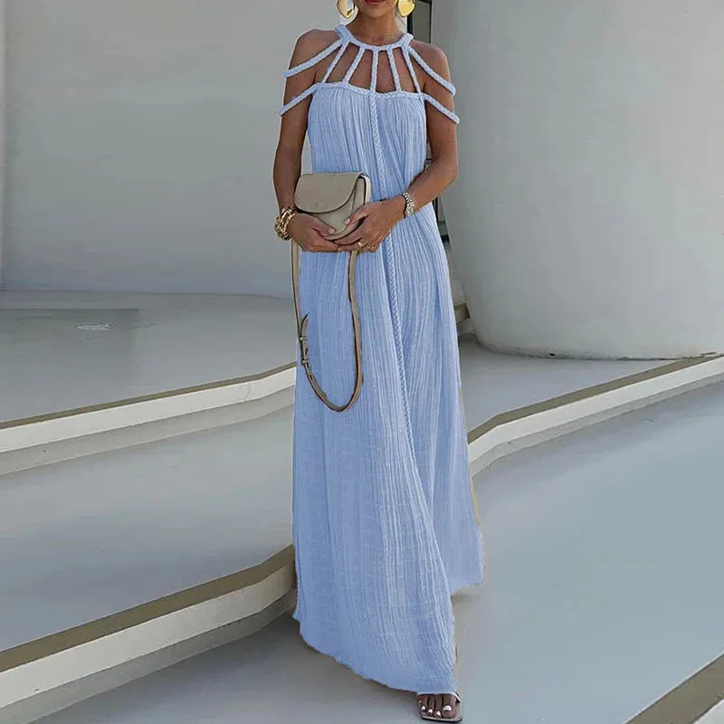 Pleated Long Multi Color Drawstring Lady Hollow Off Shoulder High Waist Summer Casual Dress