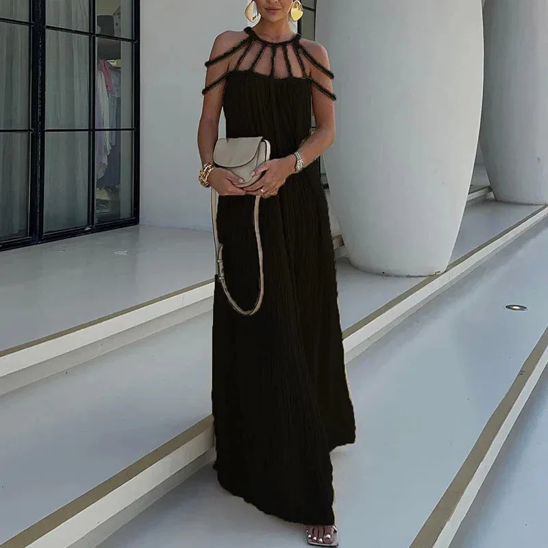Pleated Long Multi Color Drawstring Lady Hollow Off Shoulder High Waist Summer Casual Dress