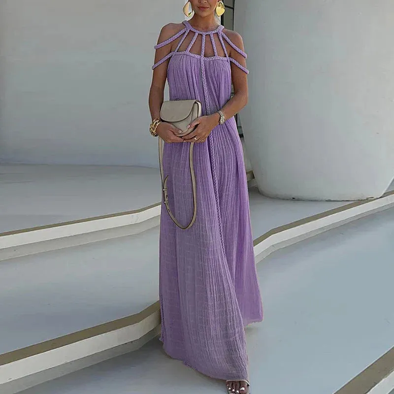 Pleated Long Multi Color Drawstring Lady Hollow Off Shoulder High Waist Summer Casual Dress