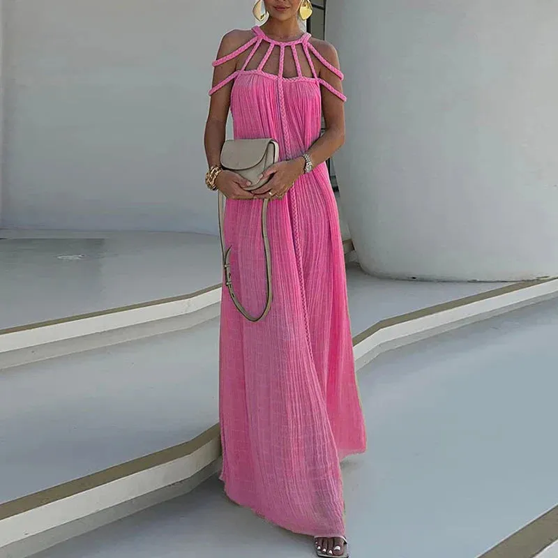 Pleated Long Multi Color Drawstring Lady Hollow Off Shoulder High Waist Summer Casual Dress