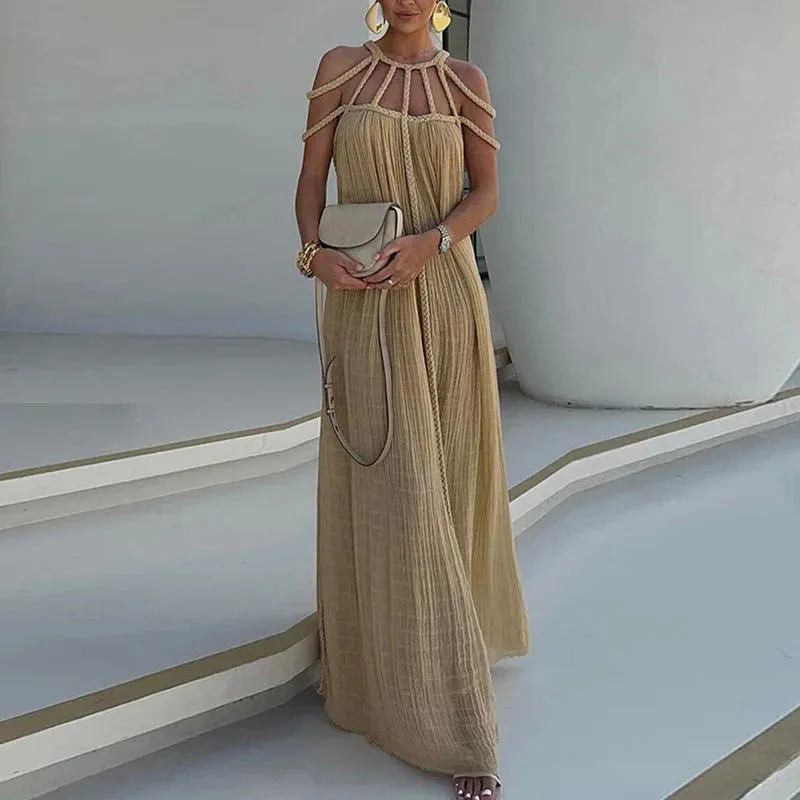 Pleated Long Multi Color Drawstring Lady Hollow Off Shoulder High Waist Summer Casual Dress