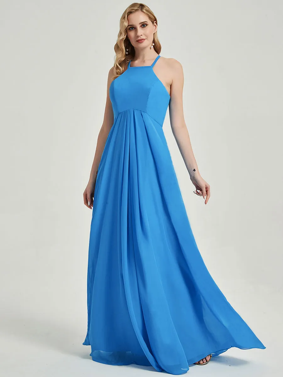 Plum Halter Sleeveless Empire Pleated Backless Chiffon Bridesmaid Dress
