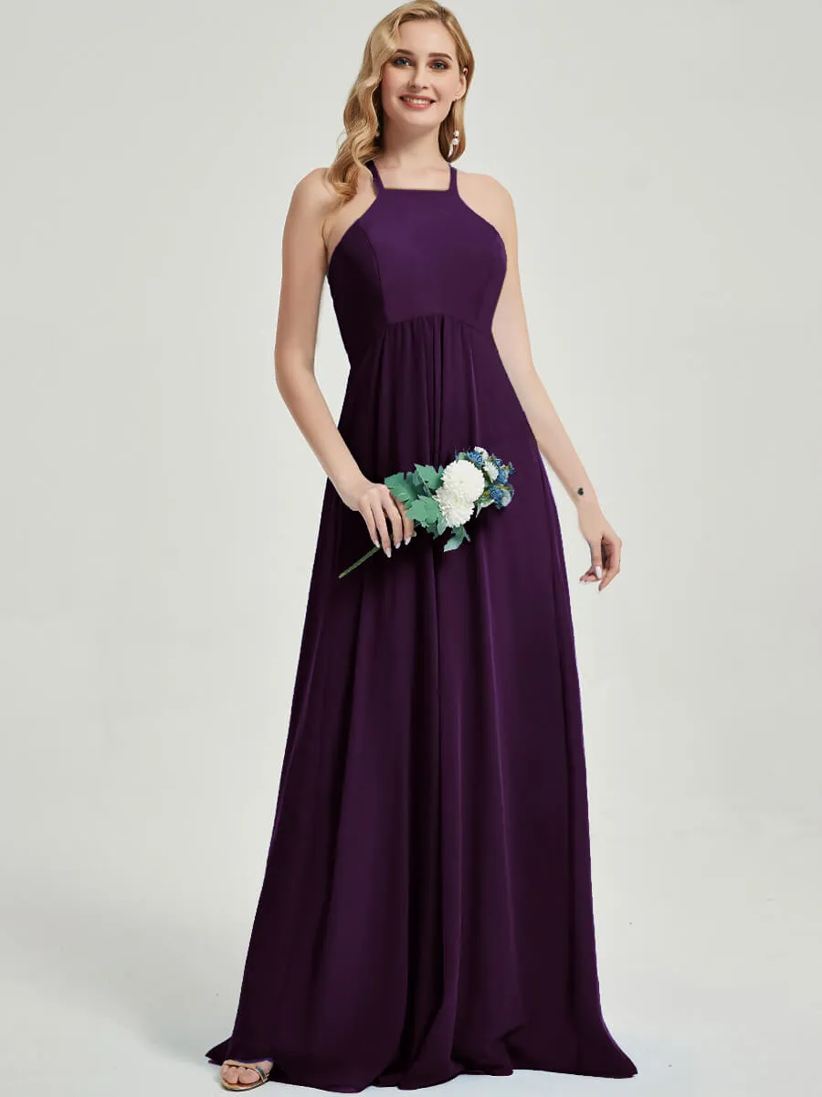 Plum Halter Sleeveless Empire Pleated Backless Chiffon Bridesmaid Dress