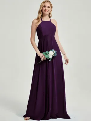 Plum Halter Sleeveless Empire Pleated Backless Chiffon Bridesmaid Dress