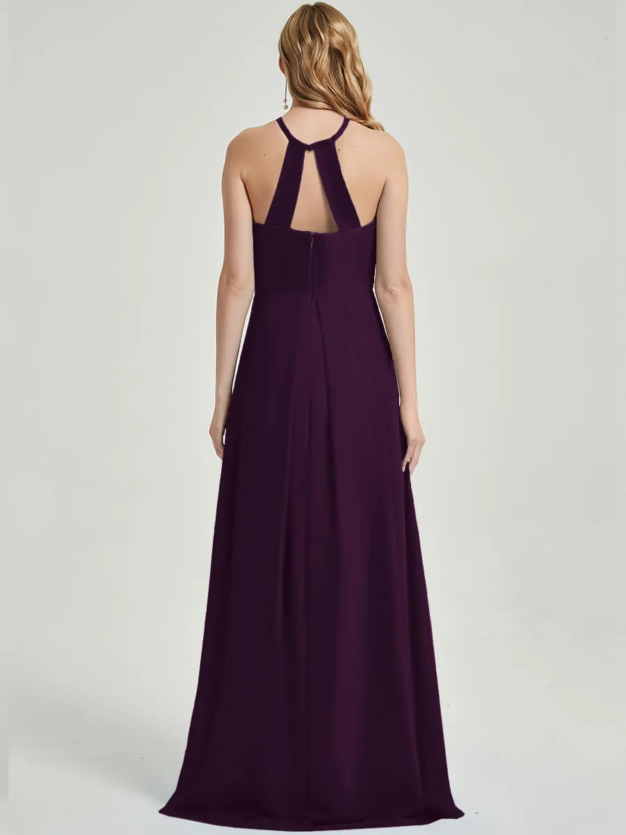 Plum Halter Sleeveless Empire Pleated Backless Chiffon Bridesmaid Dress
