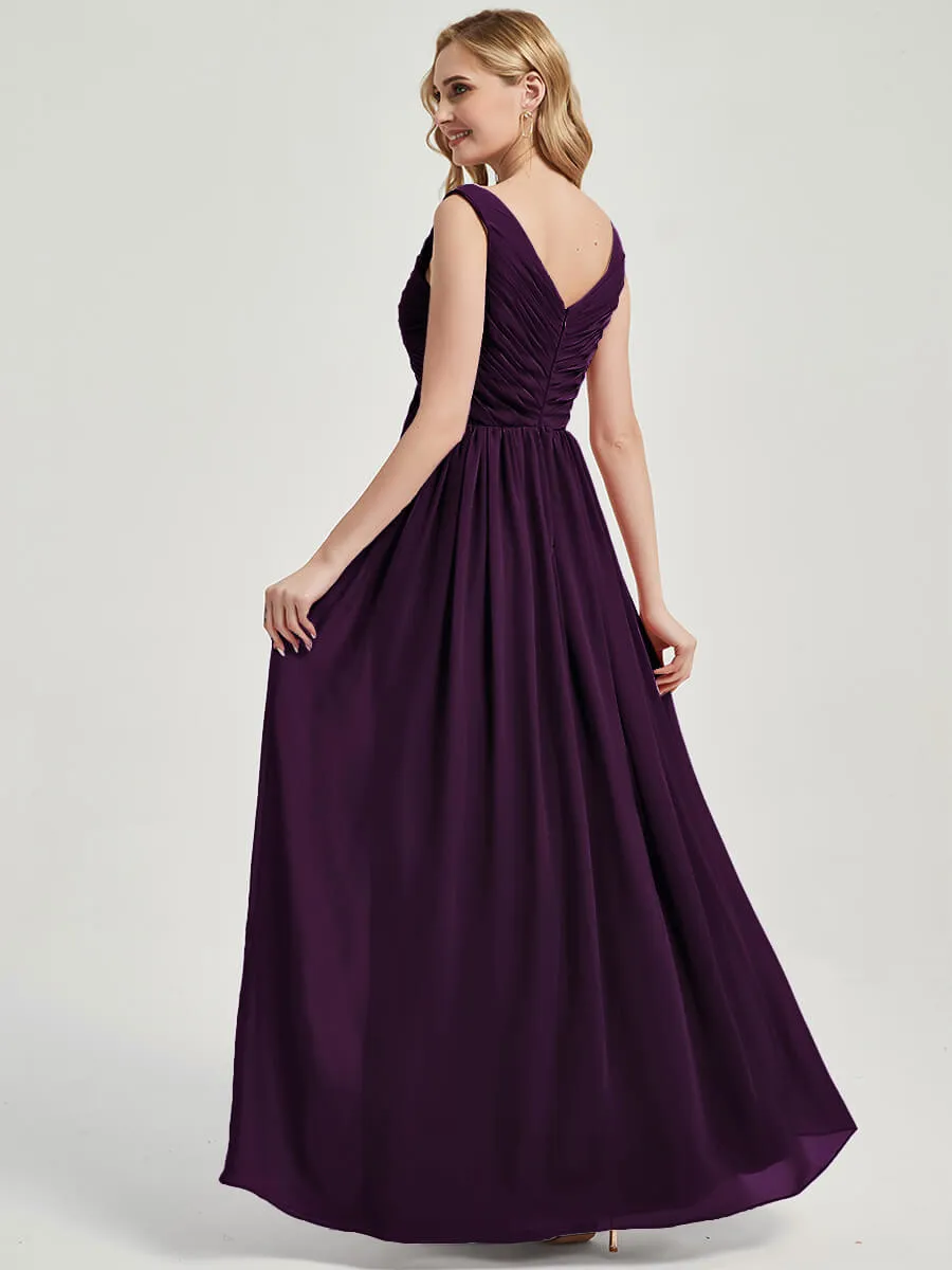 Plum V-Neck Empire Sleeveless Pleated Chiffon Maxi Bridesmaid Dress