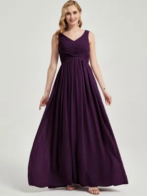 Plum V-Neck Empire Sleeveless Pleated Chiffon Maxi Bridesmaid Dress