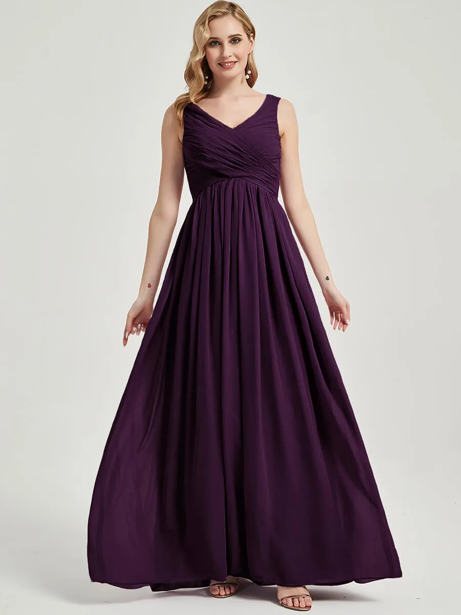 Plum V-Neck Empire Sleeveless Pleated Chiffon Maxi Bridesmaid Dress