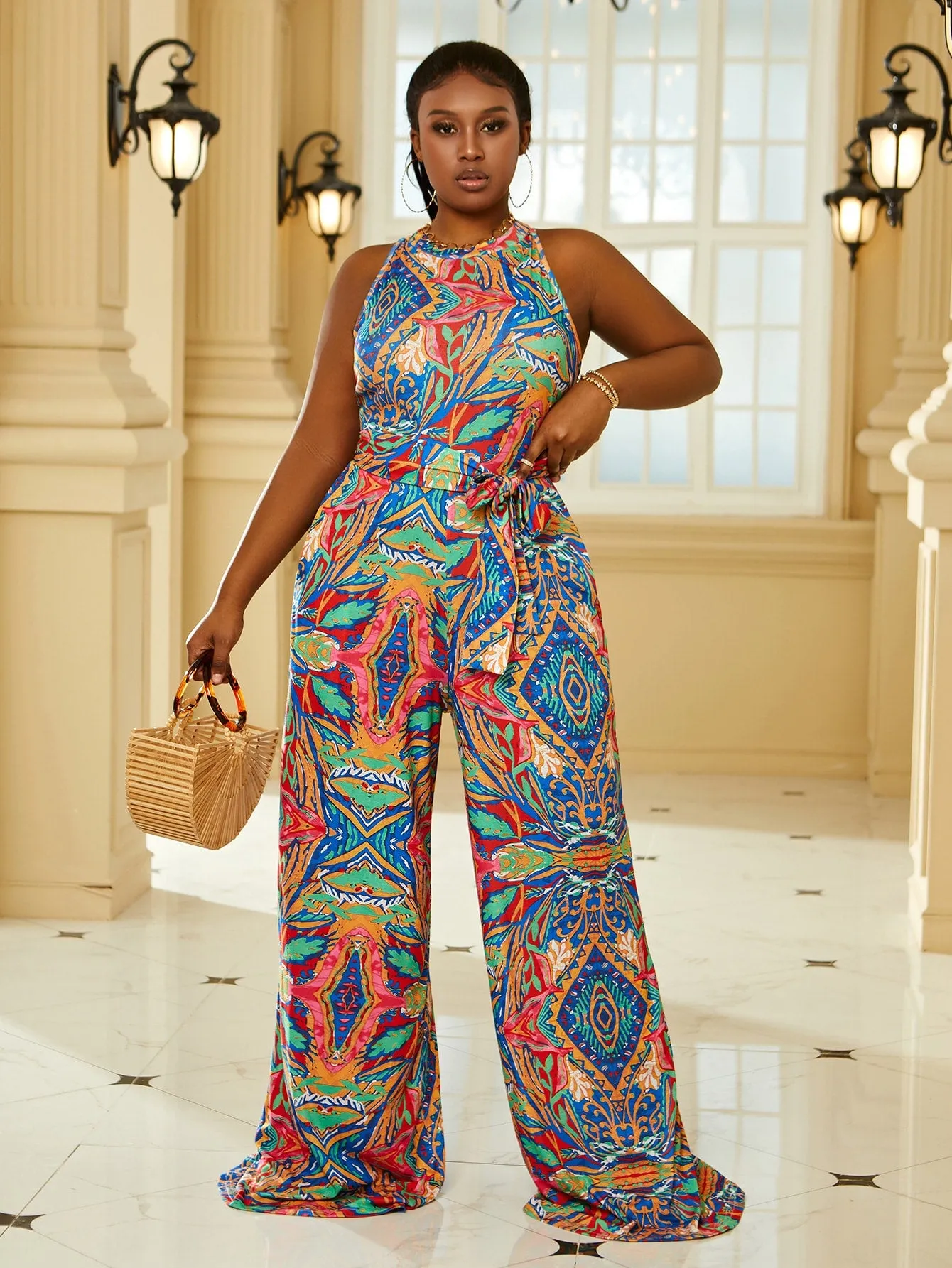 Plus All Over Print Belted Keyhole Back Jumpsuit