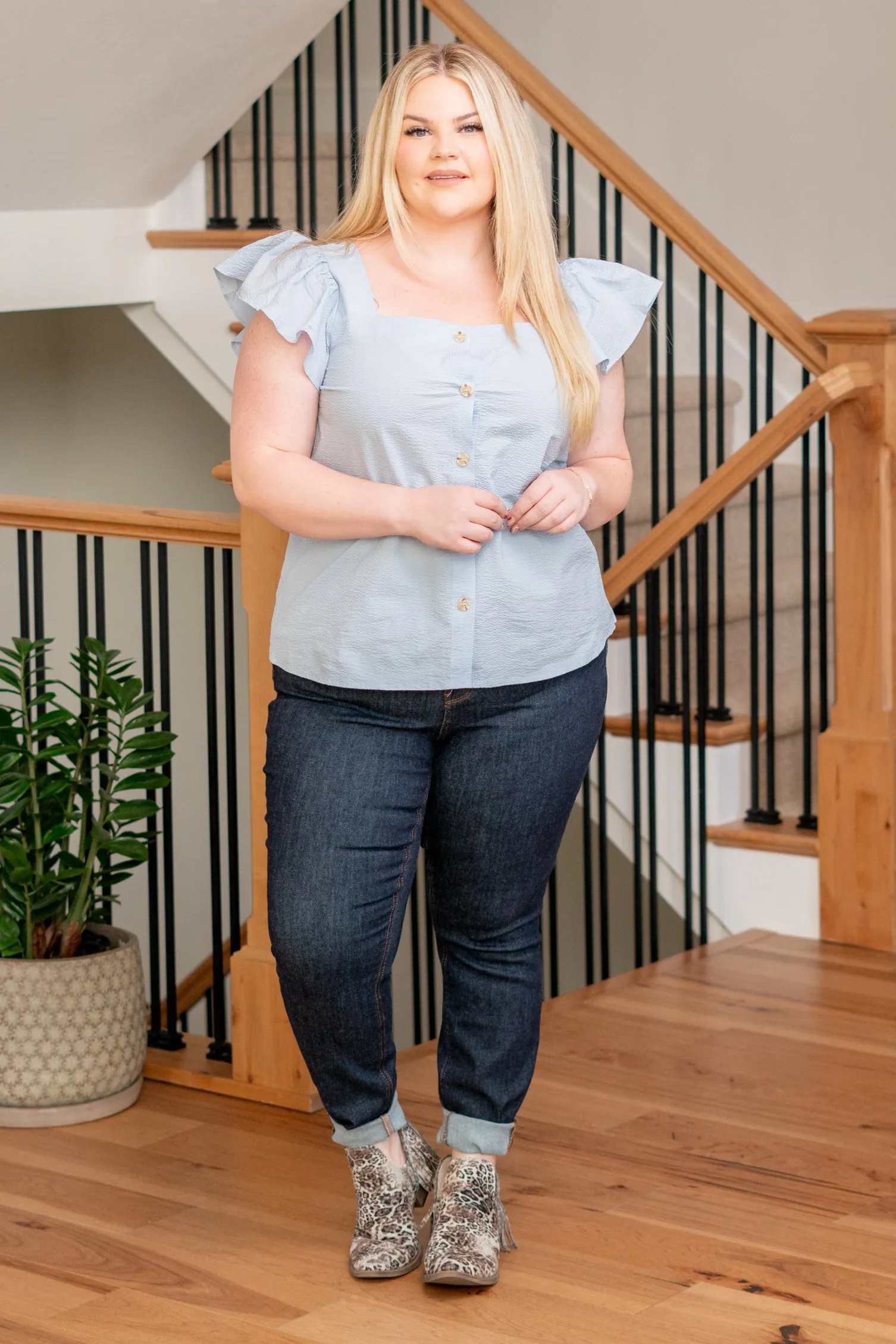Plus Size Button Up Top - Light Chambray