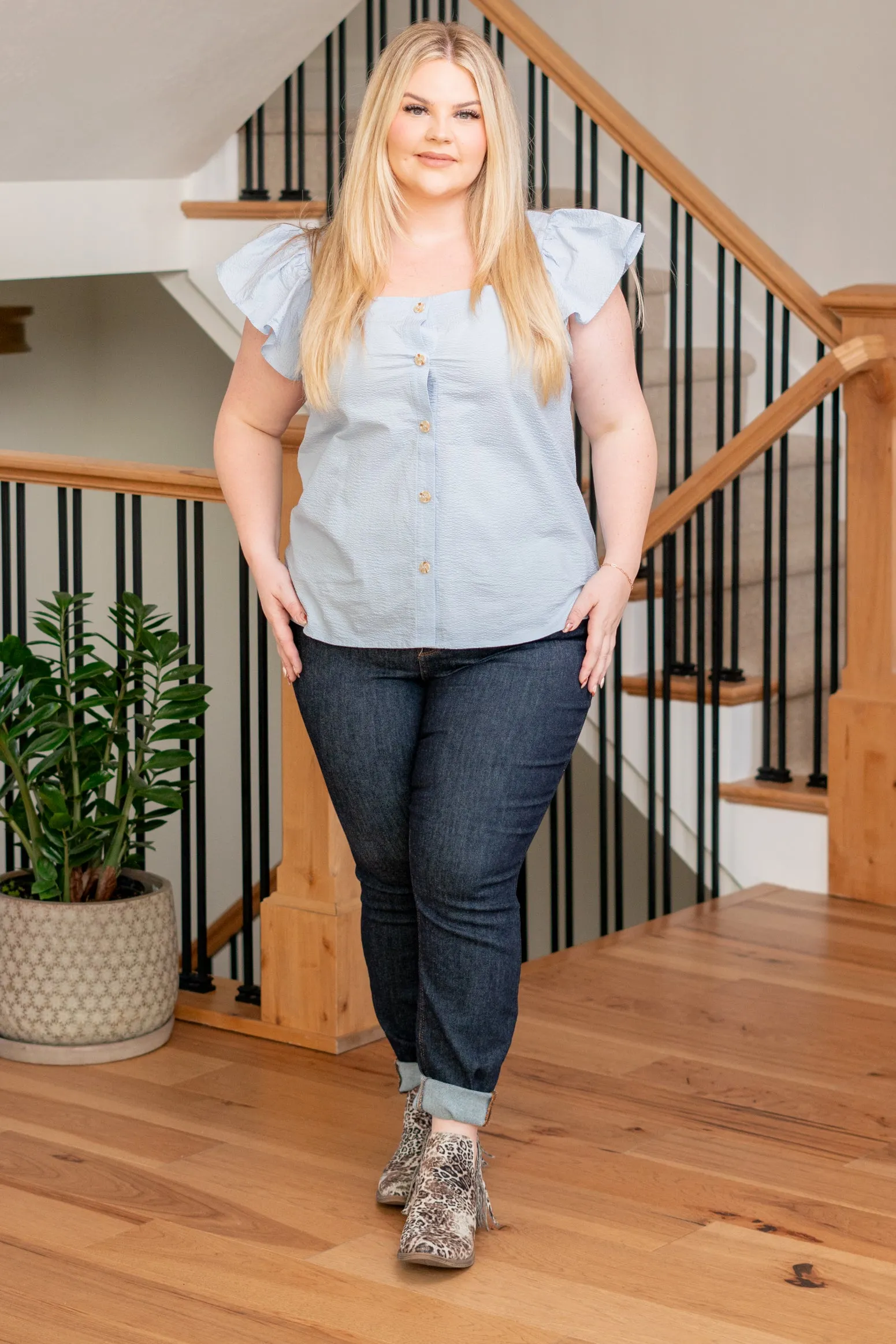 Plus Size Button Up Top - Light Chambray