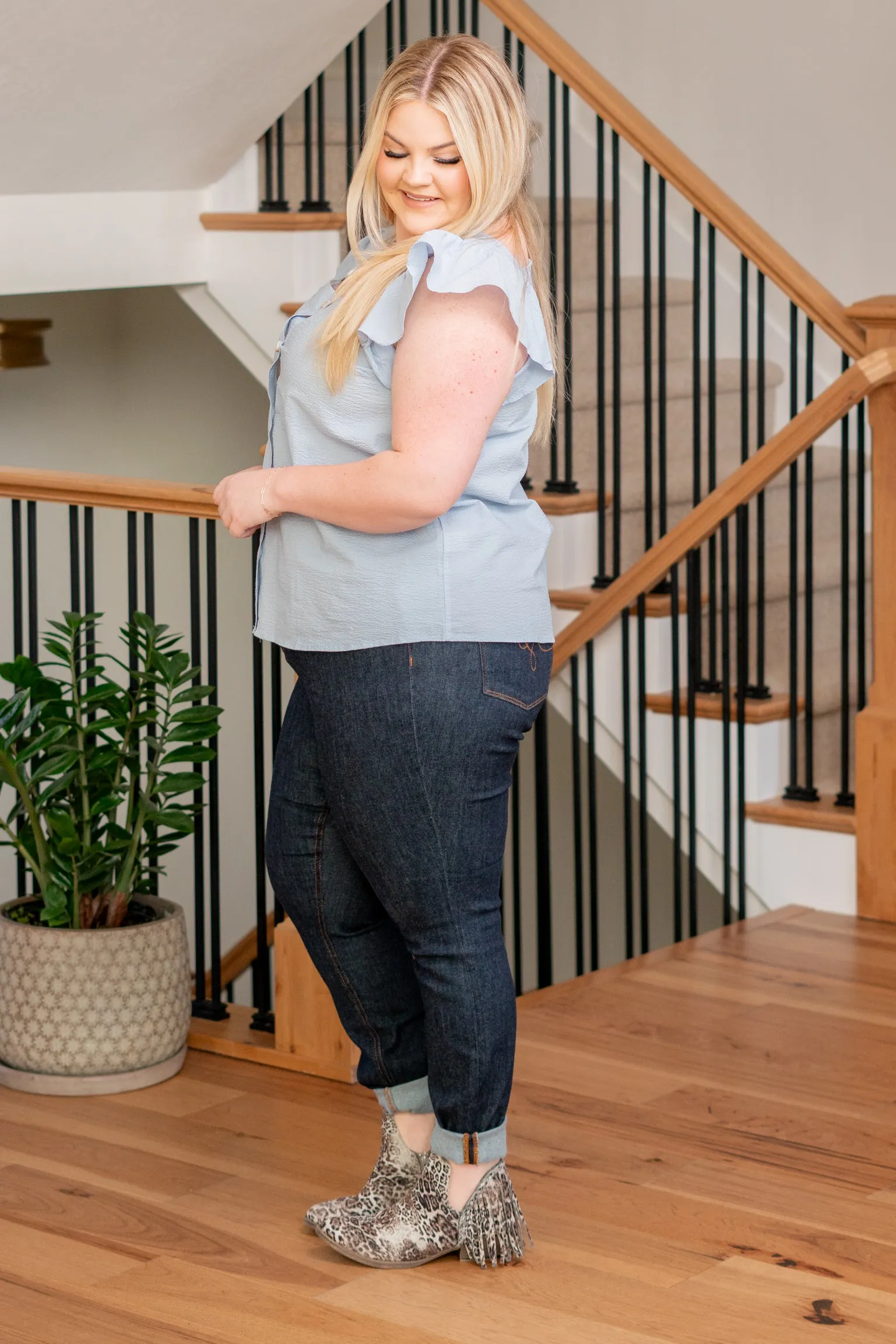 Plus Size Button Up Top - Light Chambray