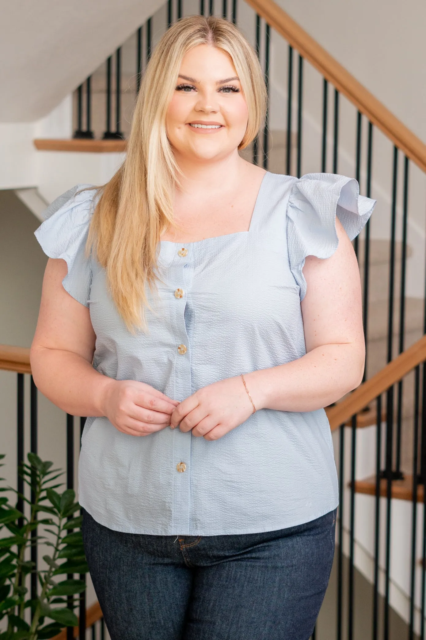 Plus Size Button Up Top - Light Chambray
