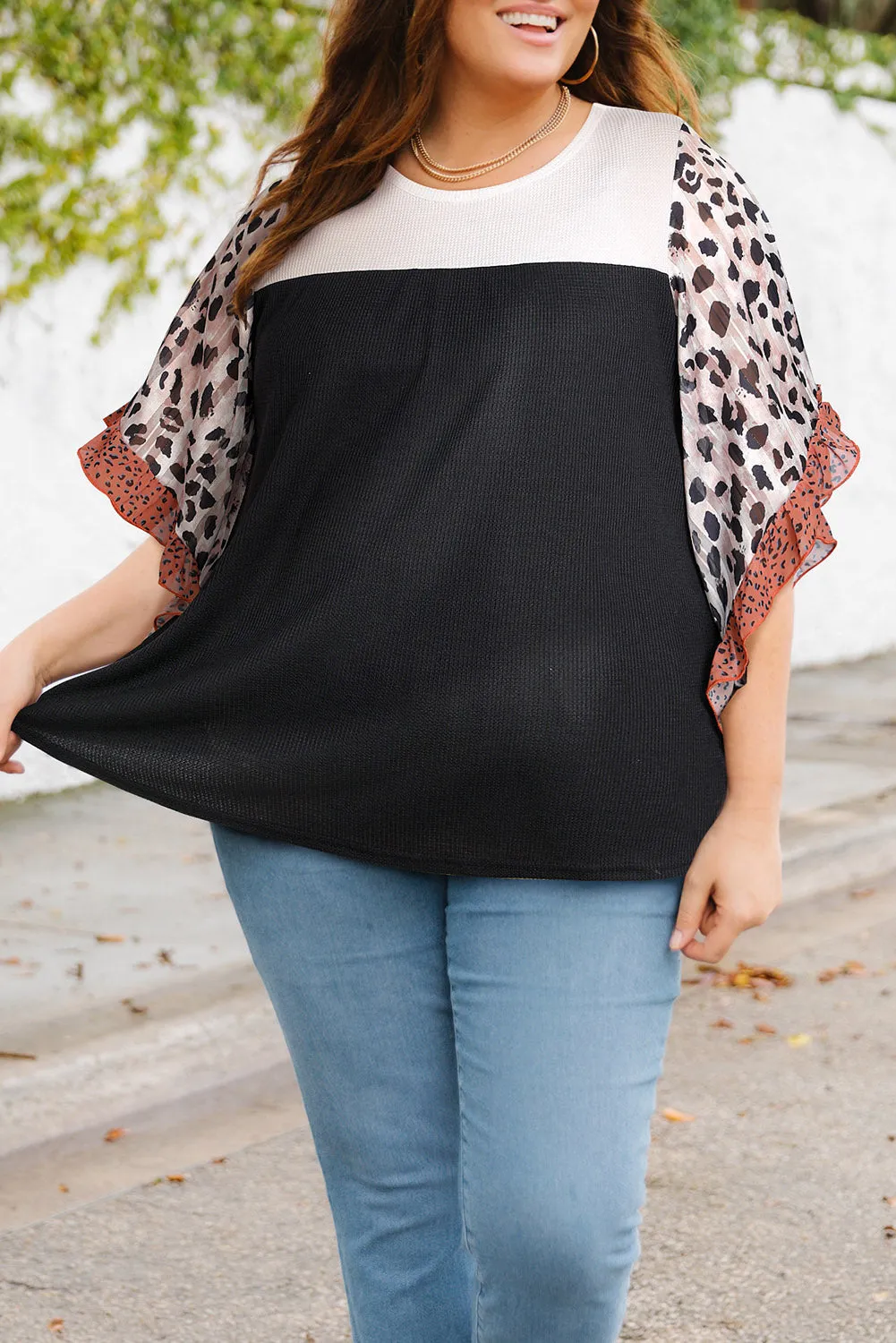 Plus Size Printed Color Block Ruffled Blouse (2 Colors)