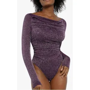 Popilush Sparkly Tops for Women - Long Sleeve Bodysuit Off The Shoulder Tops