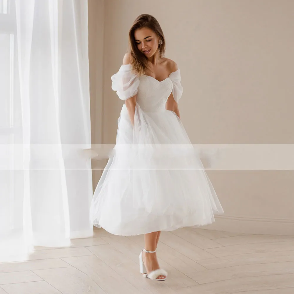 Princess Short Wedding Dress A Line Mid Calf Off Shoulder