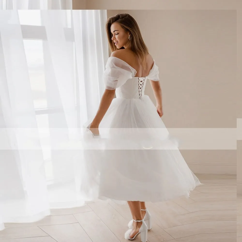 Princess Short Wedding Dress A Line Mid Calf Off Shoulder