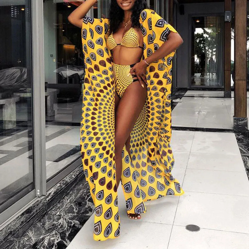 Print Cut Out 2PCS Bikini Set With Cover Up Dress
