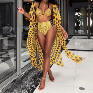 Print Cut Out 2PCS Bikini Set With Cover Up Dress