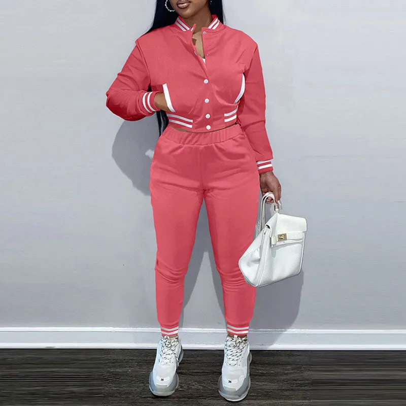 Print Long Sleeve Baseball Coat & Pants Set