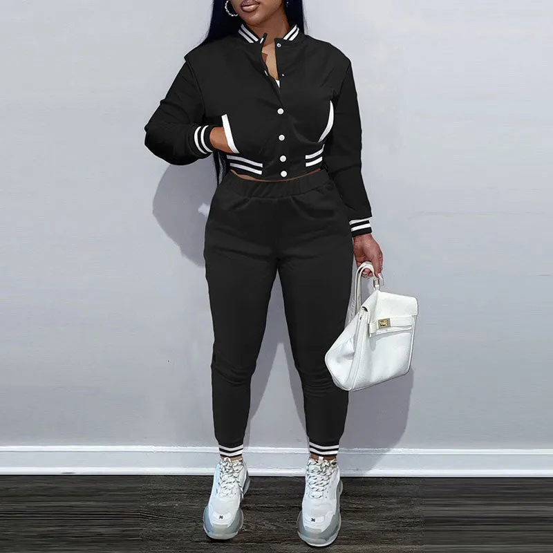 Print Long Sleeve Baseball Coat & Pants Set
