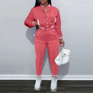 Print Long Sleeve Baseball Coat & Pants Set