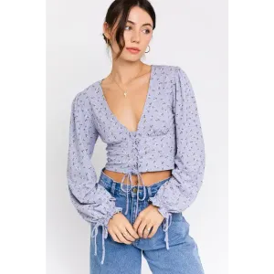 PUFF SLEEVE LACE UP V NECK TOP