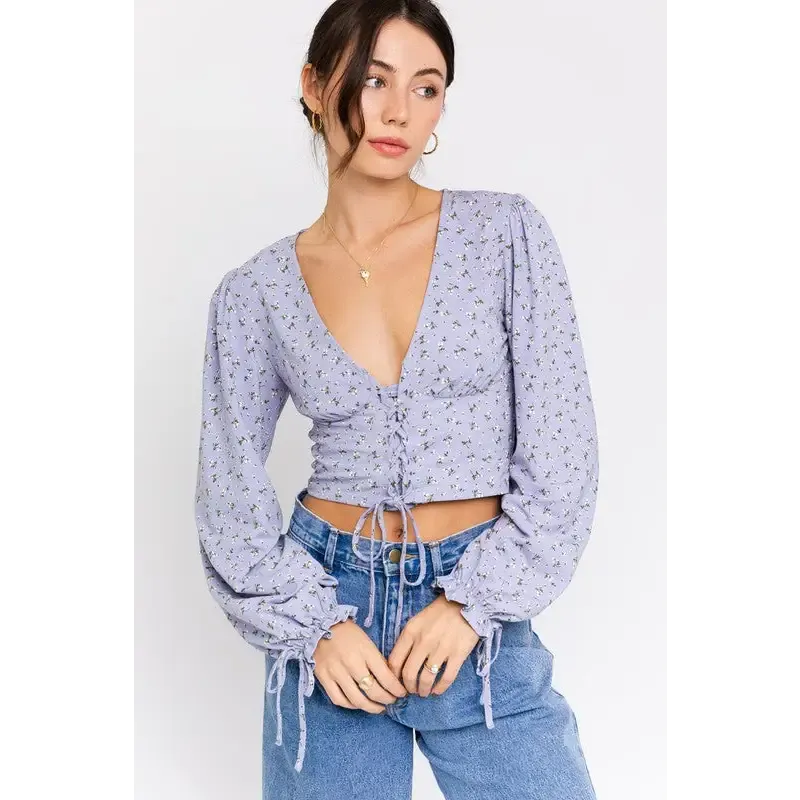 PUFF SLEEVE LACE UP V NECK TOP