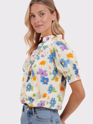 Puff Sleeve Retro Floral Print Blouse