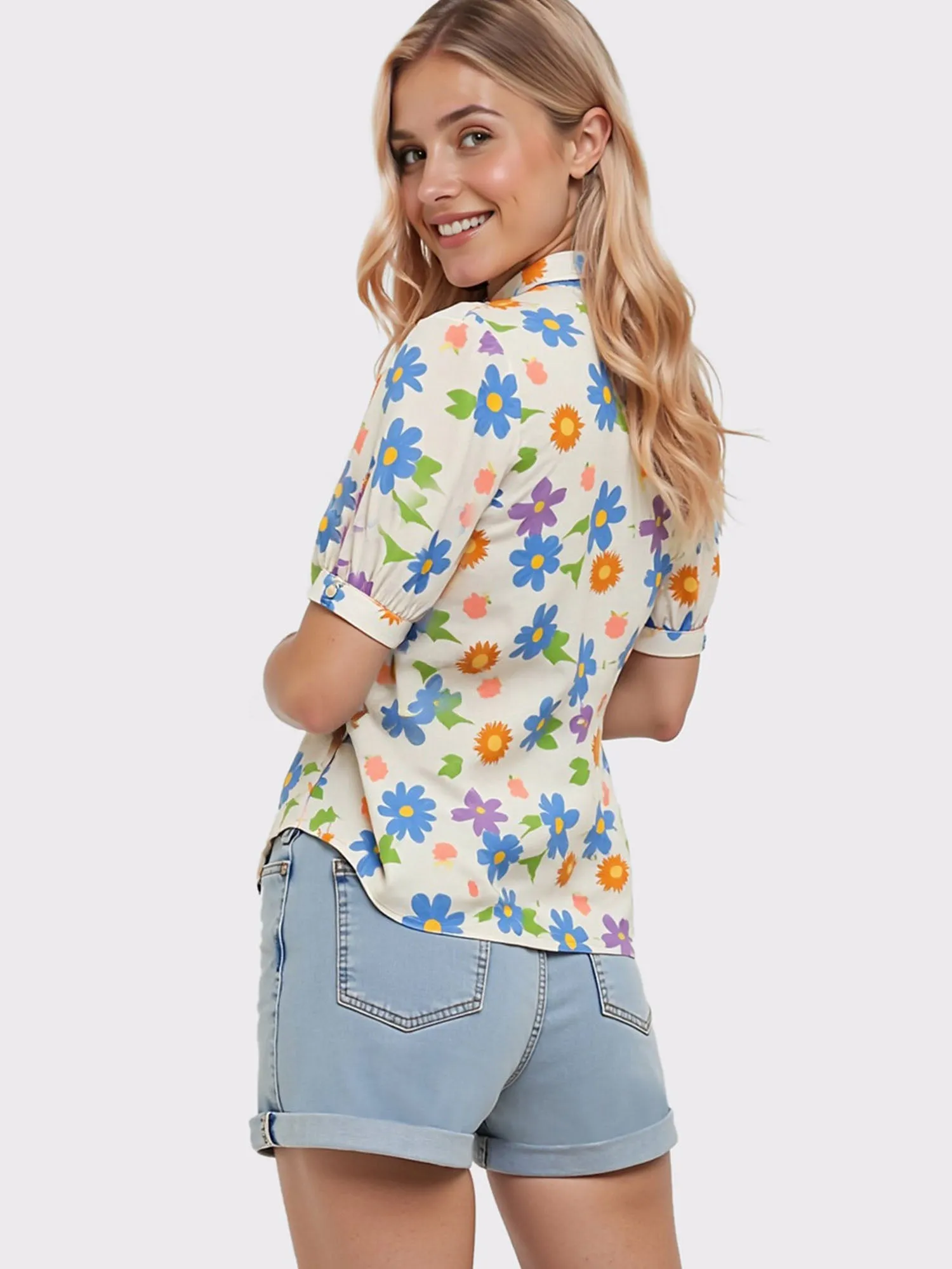 Puff Sleeve Retro Floral Print Blouse