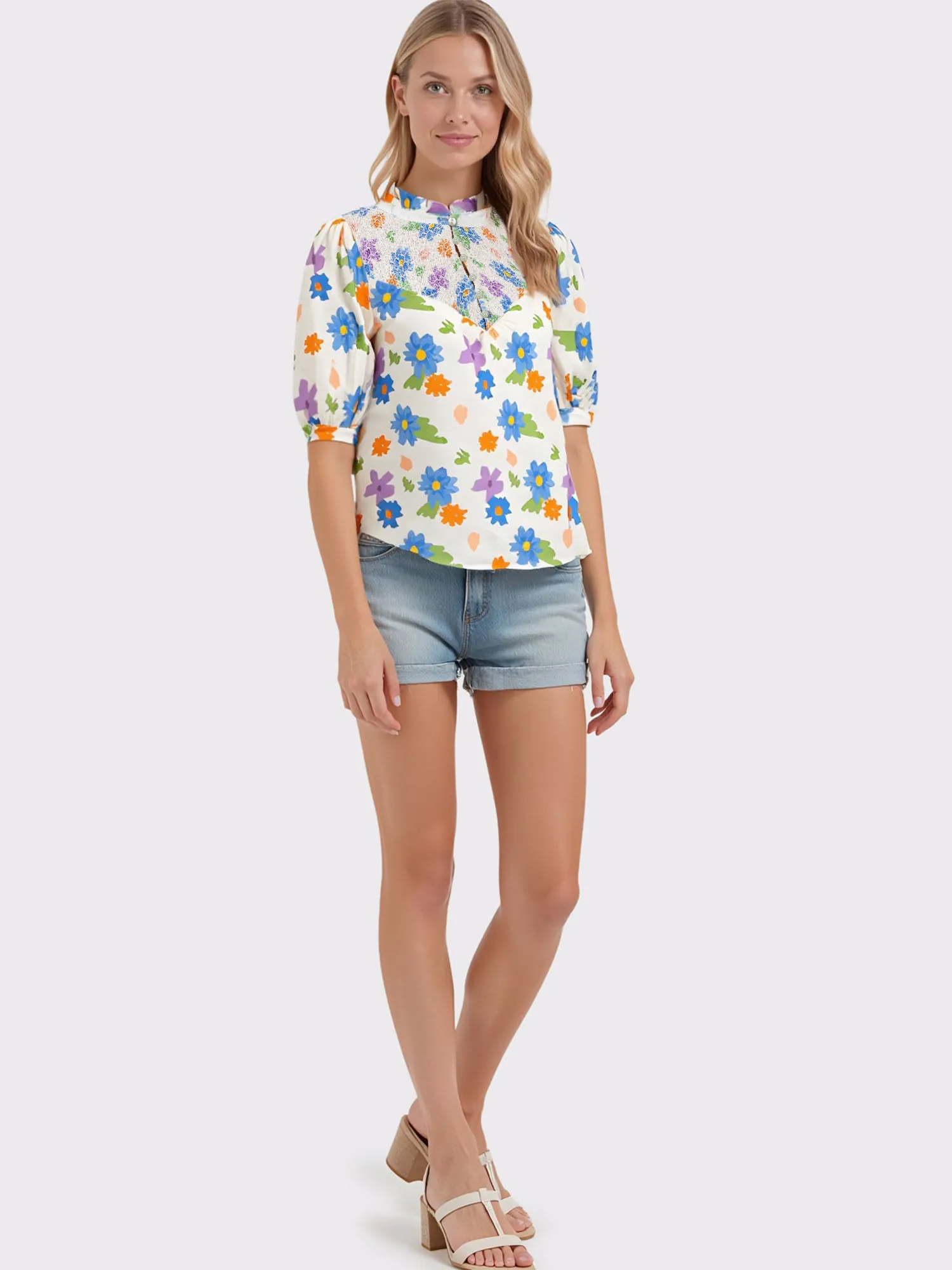 Puff Sleeve Retro Floral Print Blouse