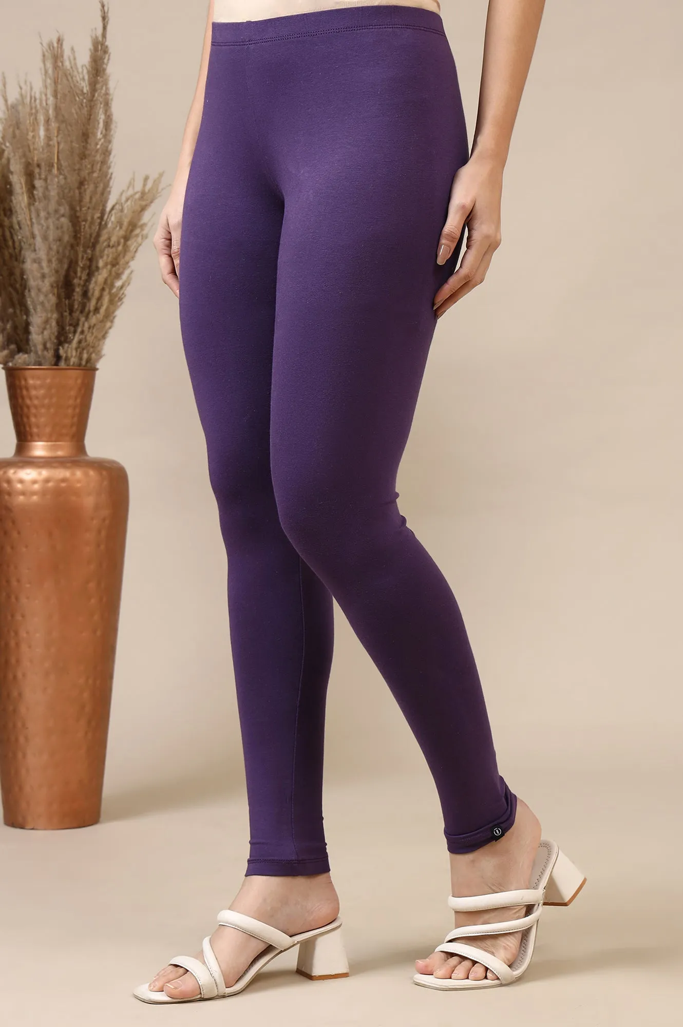 Purple Cotton Lycra Ankle Length Leggings