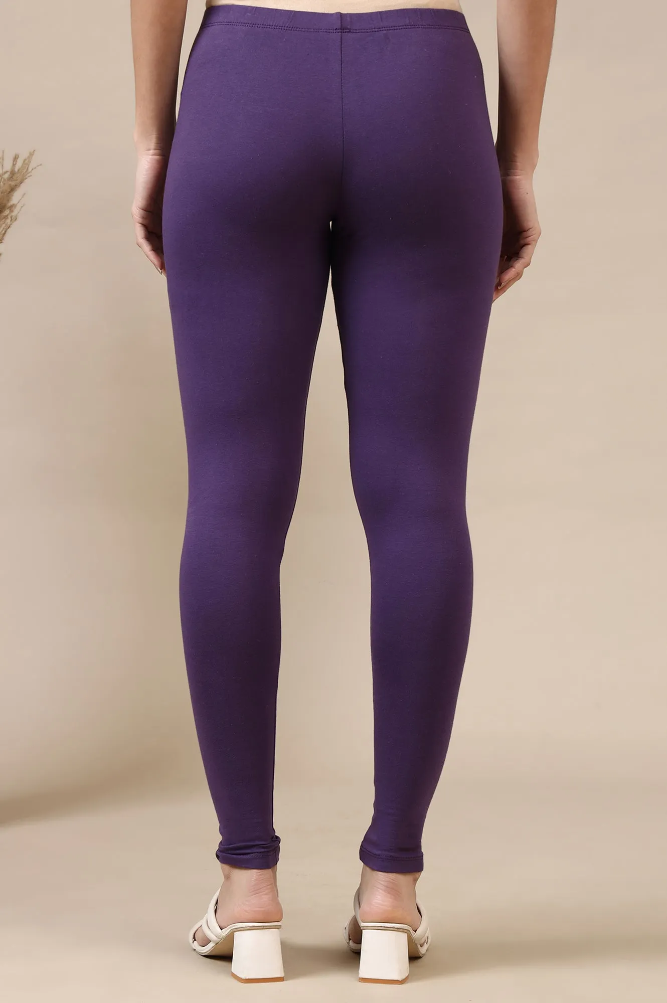 Purple Cotton Lycra Ankle Length Leggings