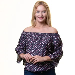 Purple With Multicolor Long Sleeve Off the Shoulder Blouse for Women - Going Out Polka Dots Tops for