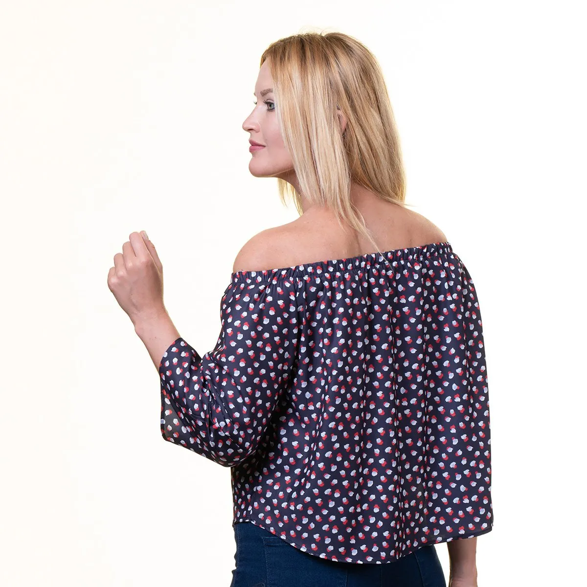 Purple With Multicolor Long Sleeve Off the Shoulder Blouse for Women - Going Out Polka Dots Tops for