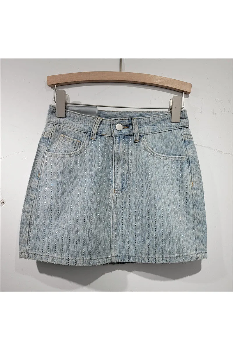 QK733 High Waist Rhinestone Mini Skirt