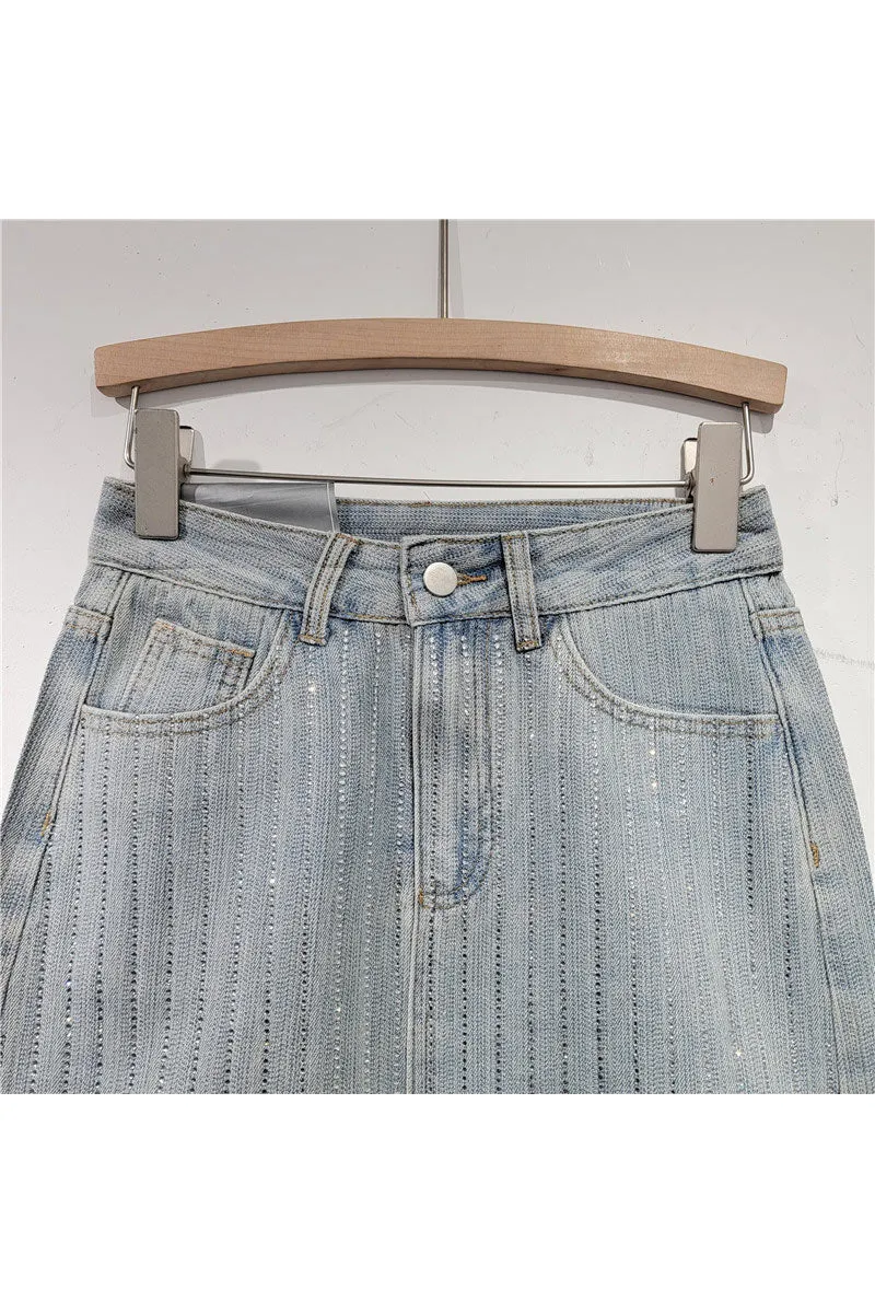 QK733 High Waist Rhinestone Mini Skirt
