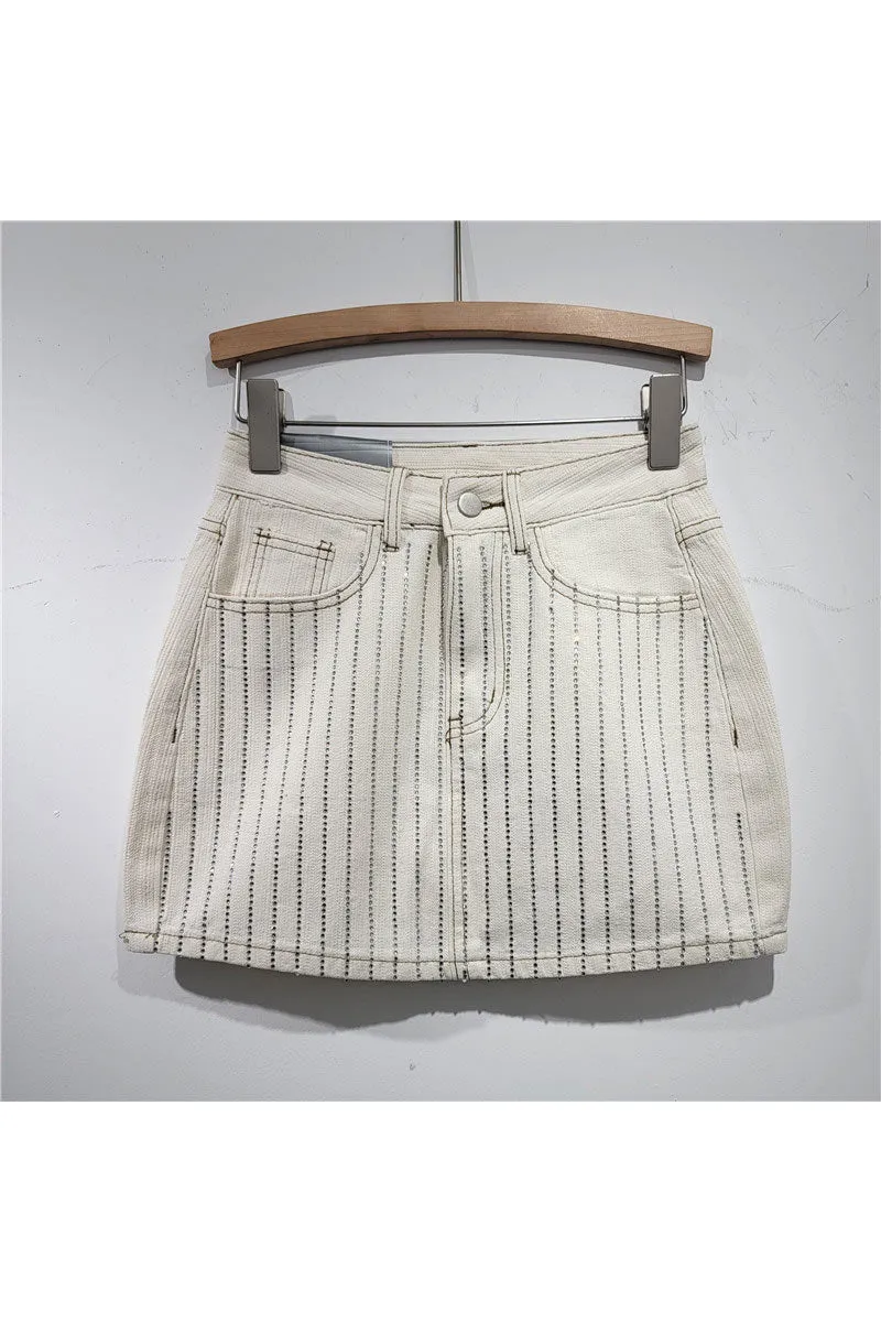 QK733 High Waist Rhinestone Mini Skirt